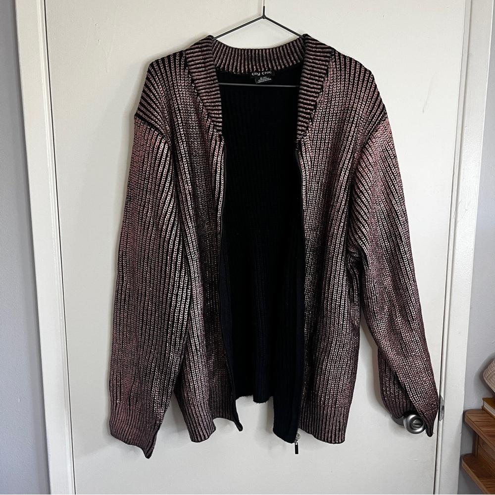 City Chic Black Metallic Rose Gold Brushed Chunky Knit Zip Up Cardigan Sweater - Picture 2 of 7